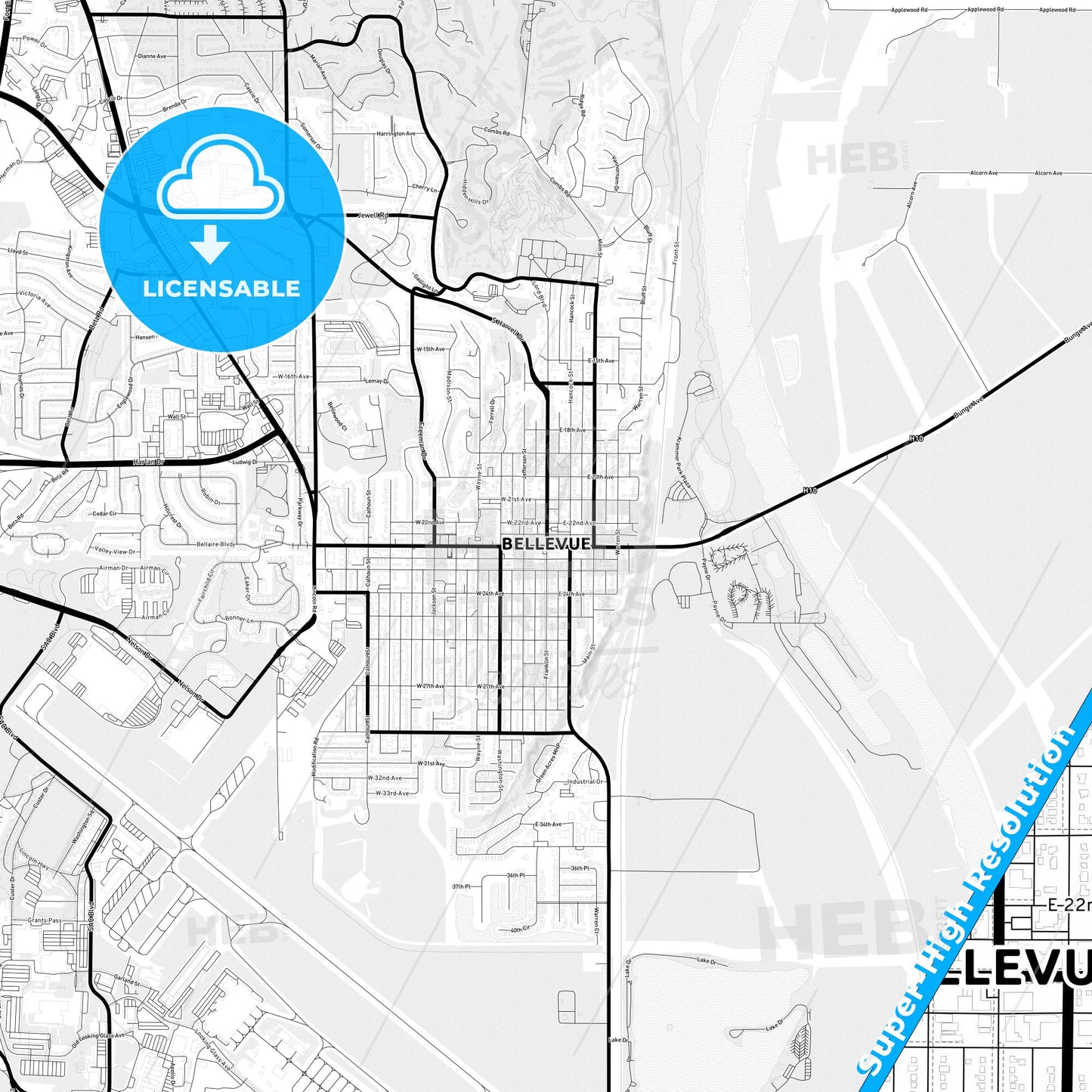 Bellevue, Nebraska Light Map with Street Names, City Names, and Districts