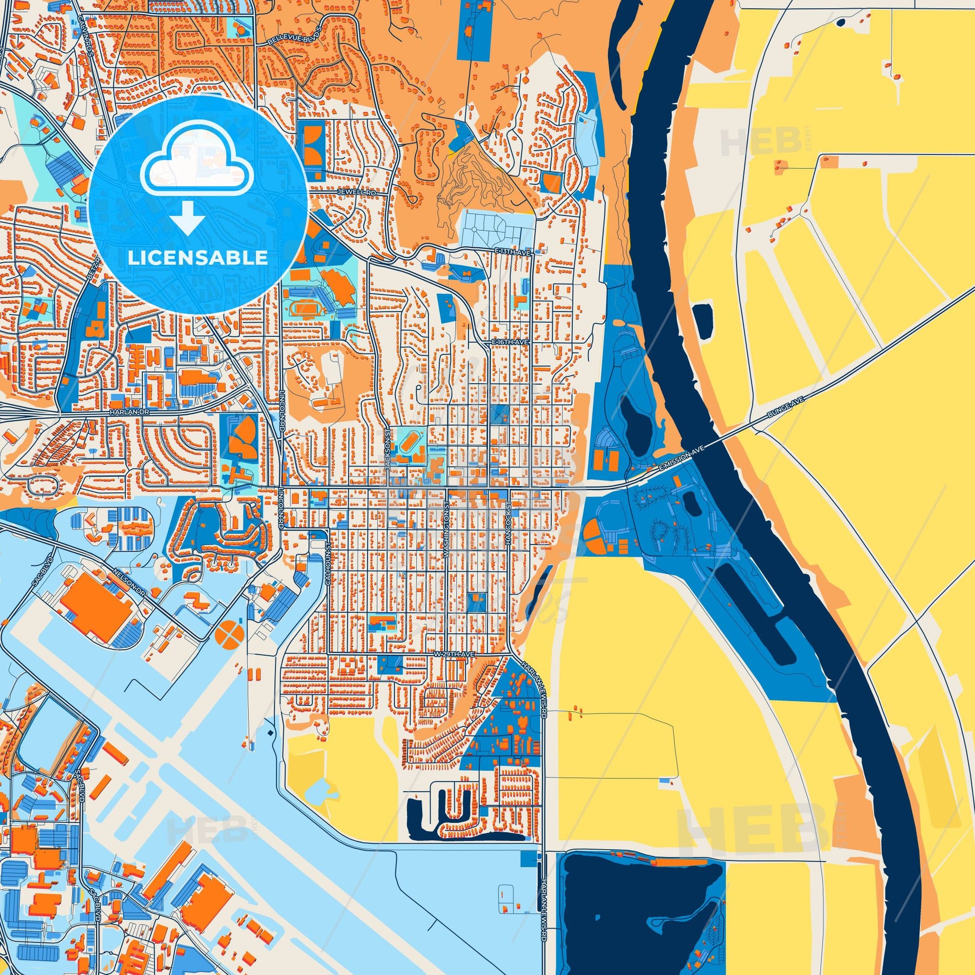 Colorful Bellevue Street Map with Labels and Buildings
