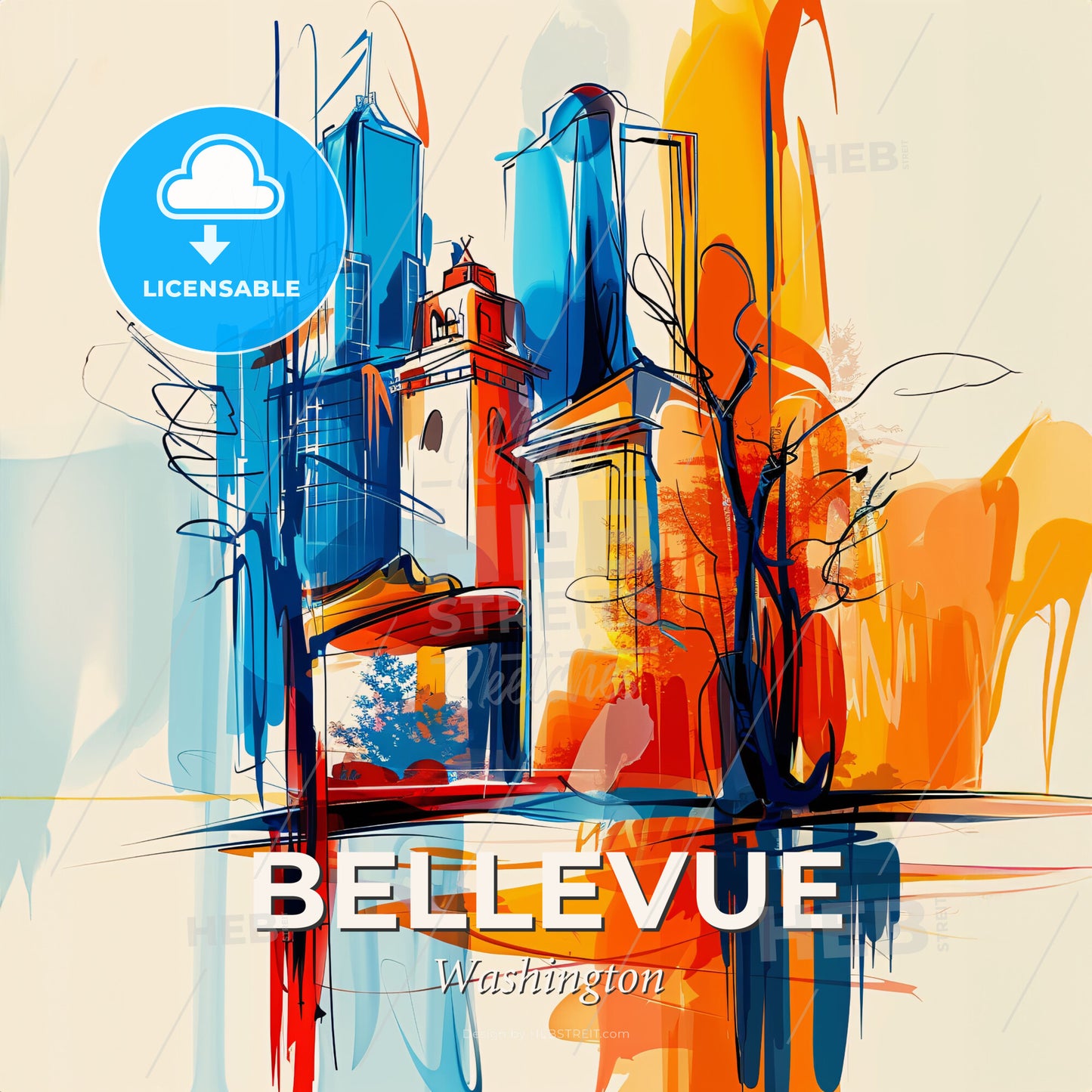 Vibrant Bellevue, Washington - A Painting Of A City - Square format print template