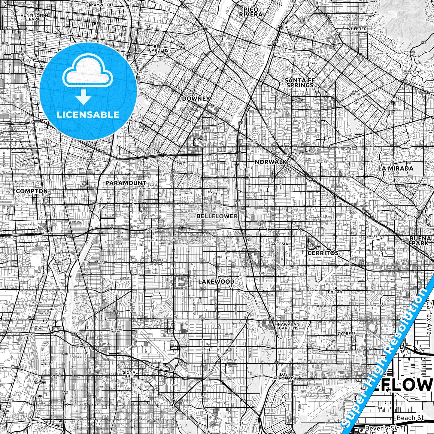 Bellflower, California light map with streetnames, citynames and districts