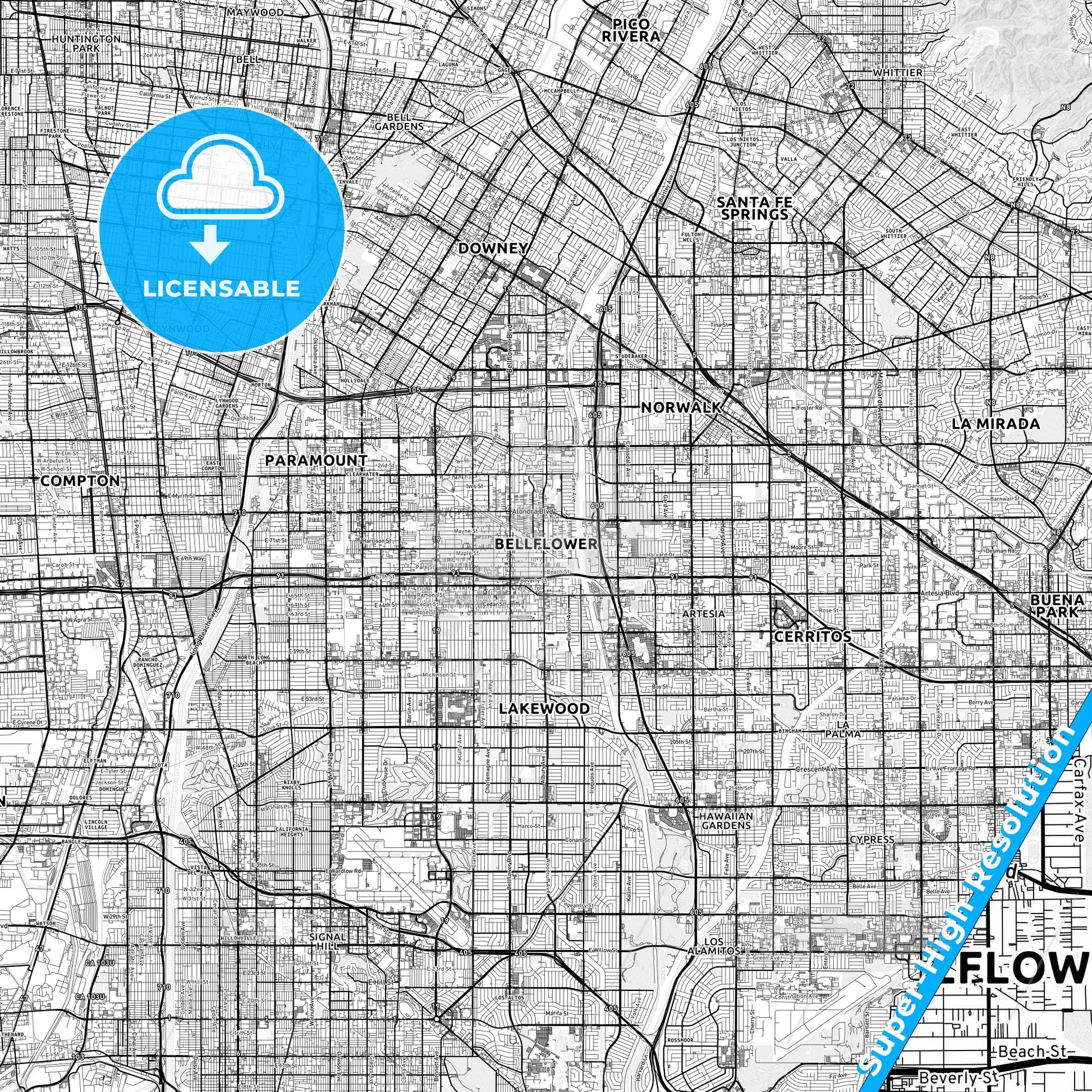 Bellflower, California light map with streetnames, citynames and districts