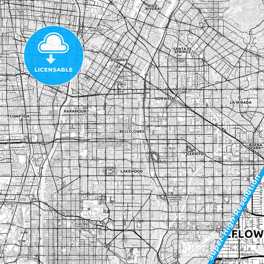 Bellflower, California light map with streetnames, citynames and districts
