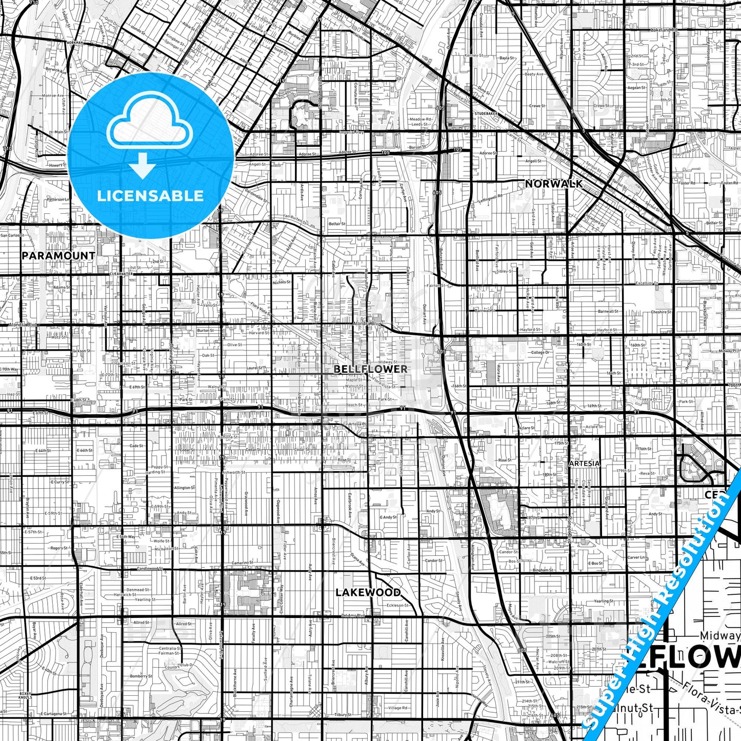 Bellflower, California Light Map with Street Names, City Names, and Districts