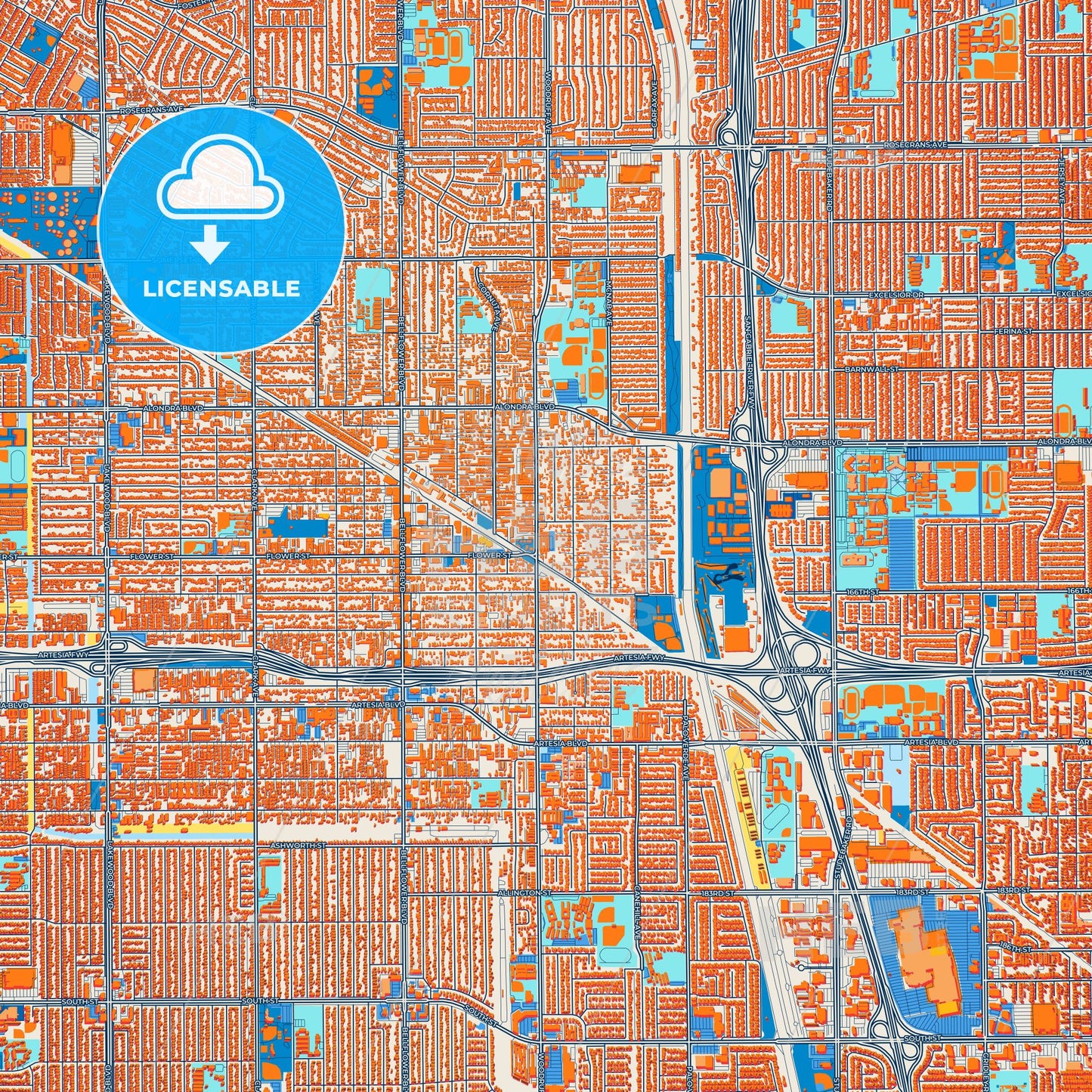 Colorful Bellflower Street Map with Labels and Buildings