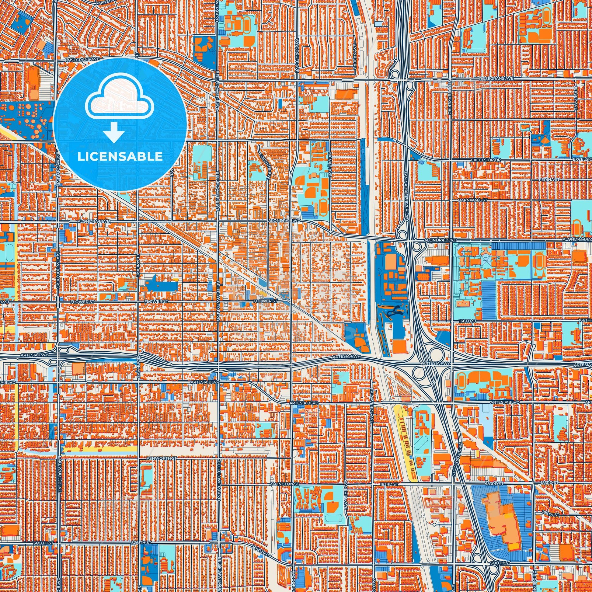 Colorful Bellflower Street Map with Labels and Buildings