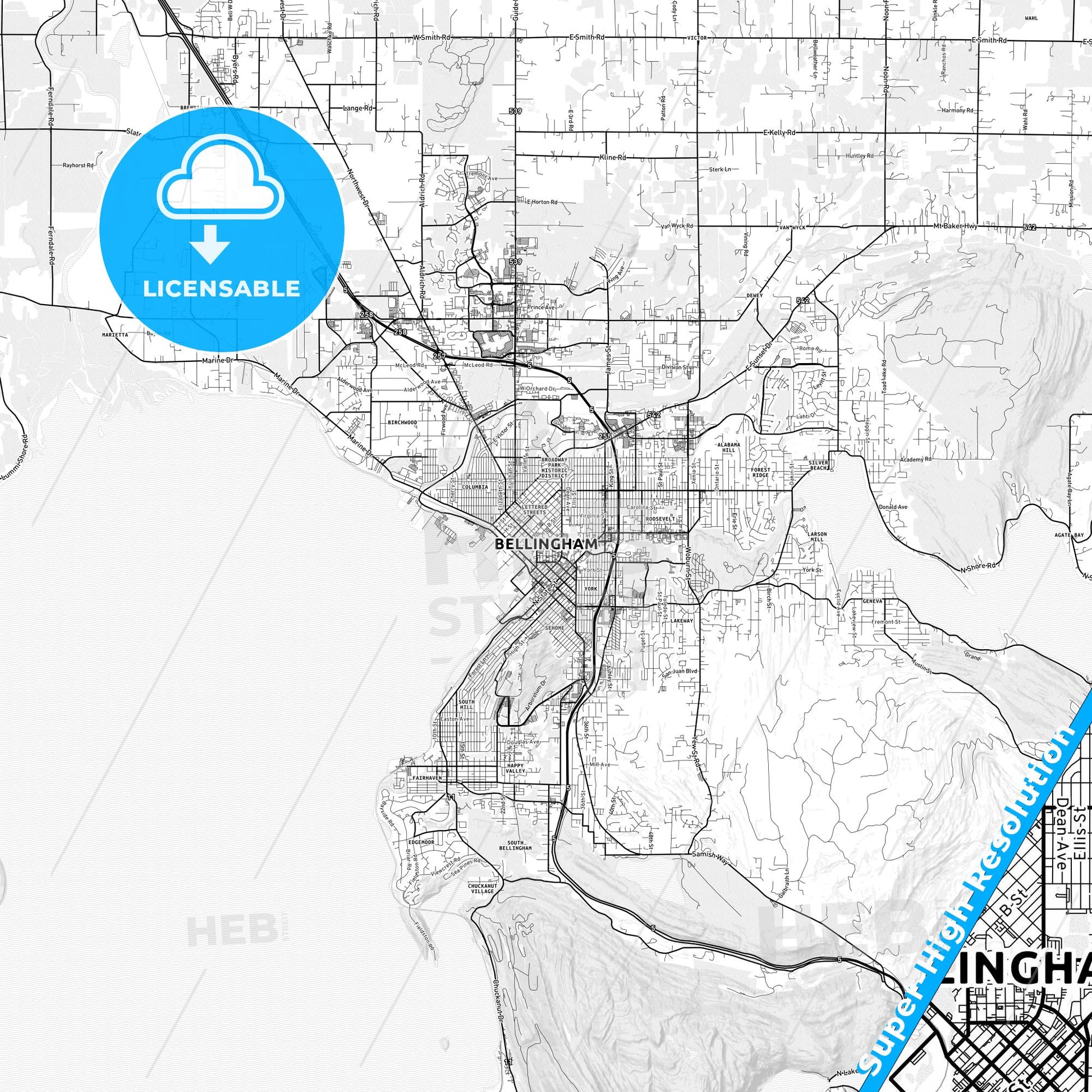 Bellingham, Washington light map with streetnames, citynames and districts