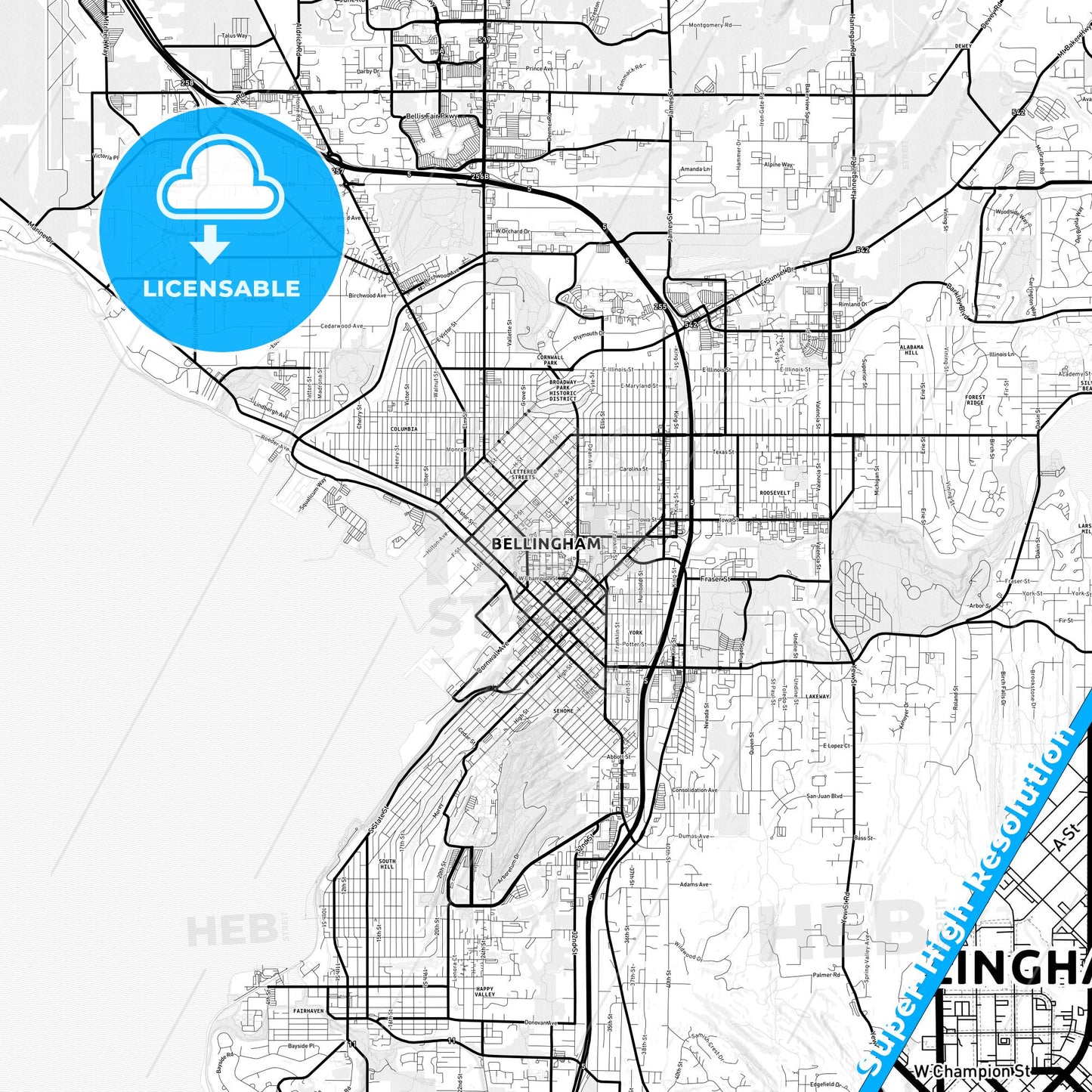 Bellingham, Washington Light Map with Street Names, City Names, and Districts