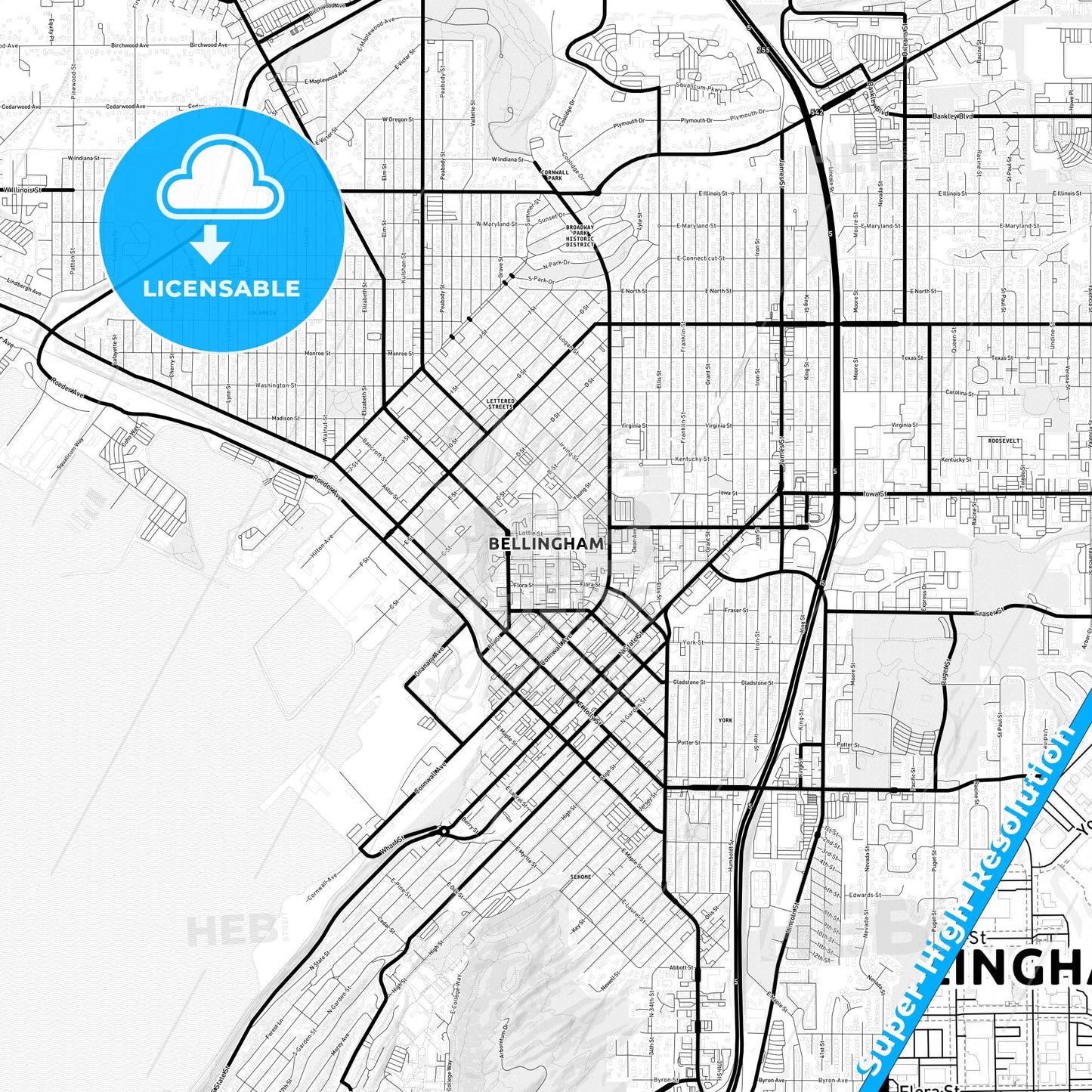 Bellingham, Washington Light Map with Street Names, City Names, and Districts