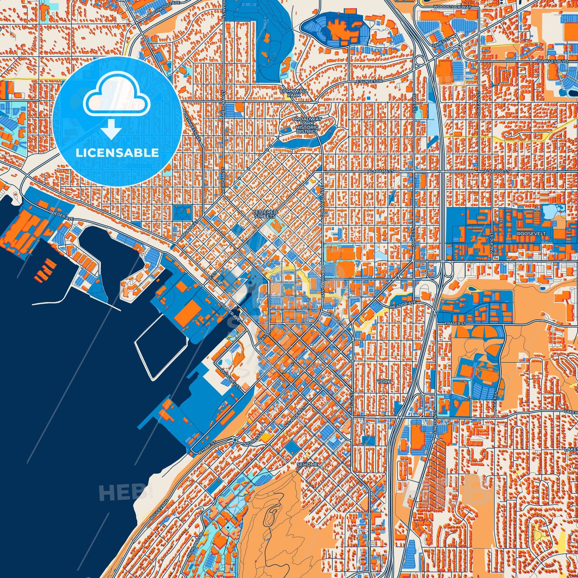 Colorful Bellingham Street Map with Labels and Buildings