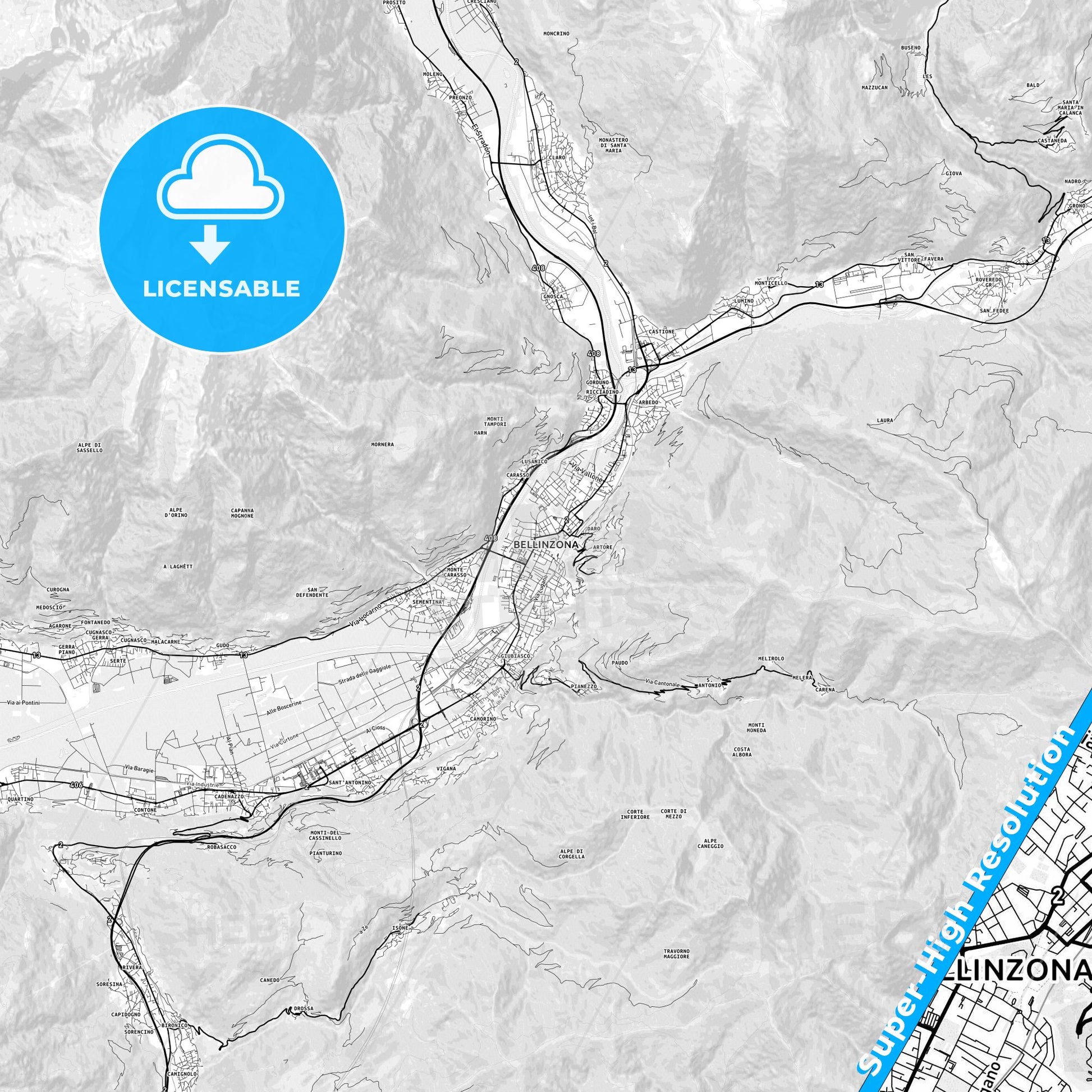 Bellinzona, Switzerland light map with streetnames, citynames and districts