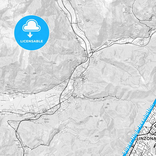 Bellinzona, Switzerland light map with streetnames, citynames and districts