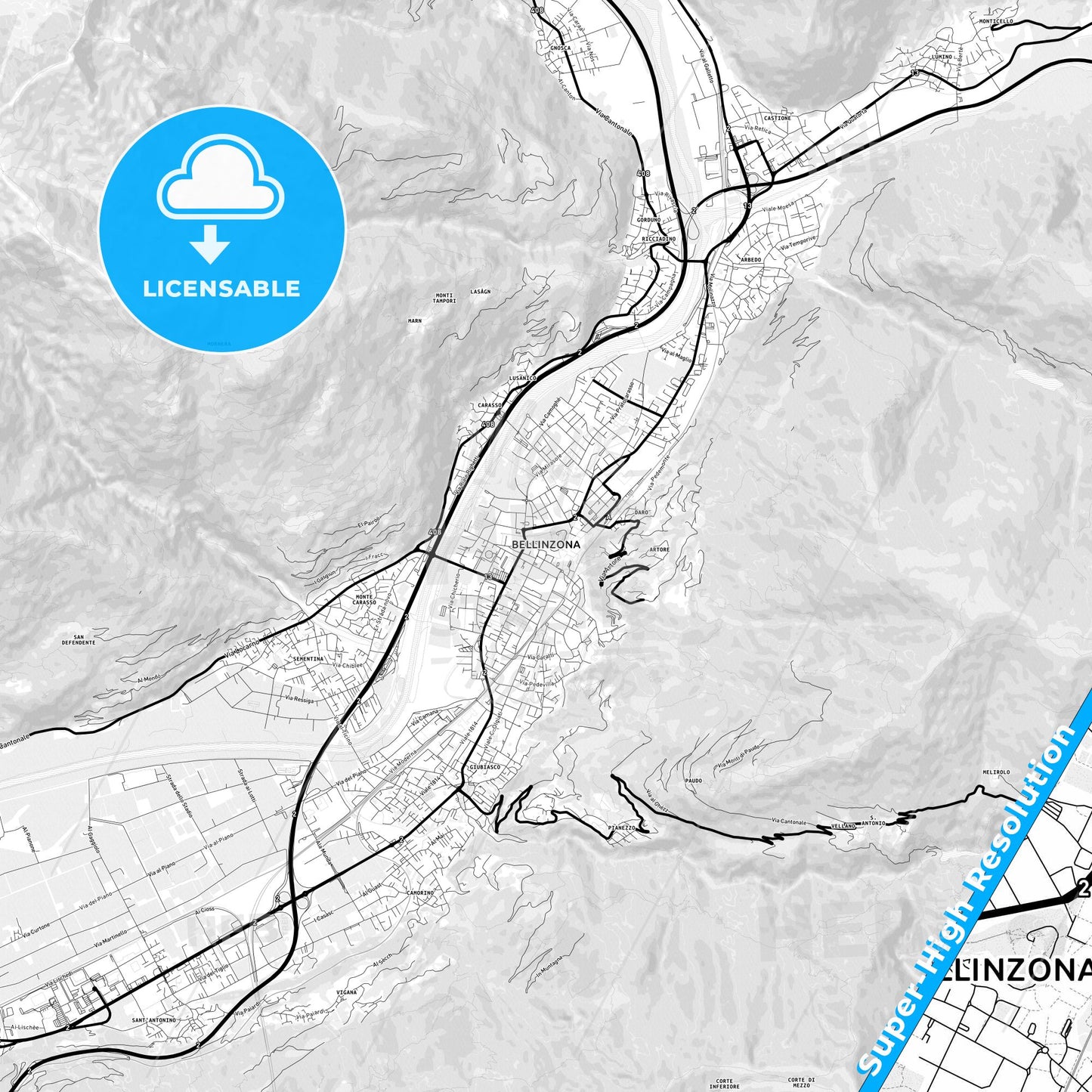 Bellinzona, Switzerland Light Map with Street Names, City Names, and Districts
