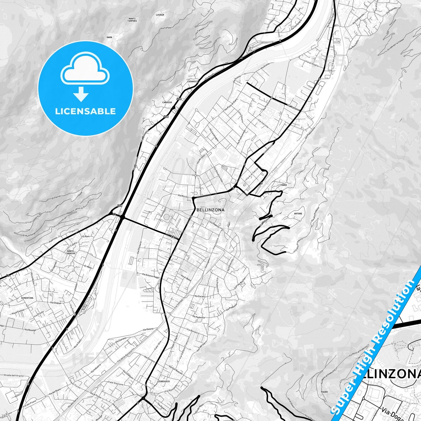 Bellinzona, Switzerland Light Map with Street Names, City Names, and Districts