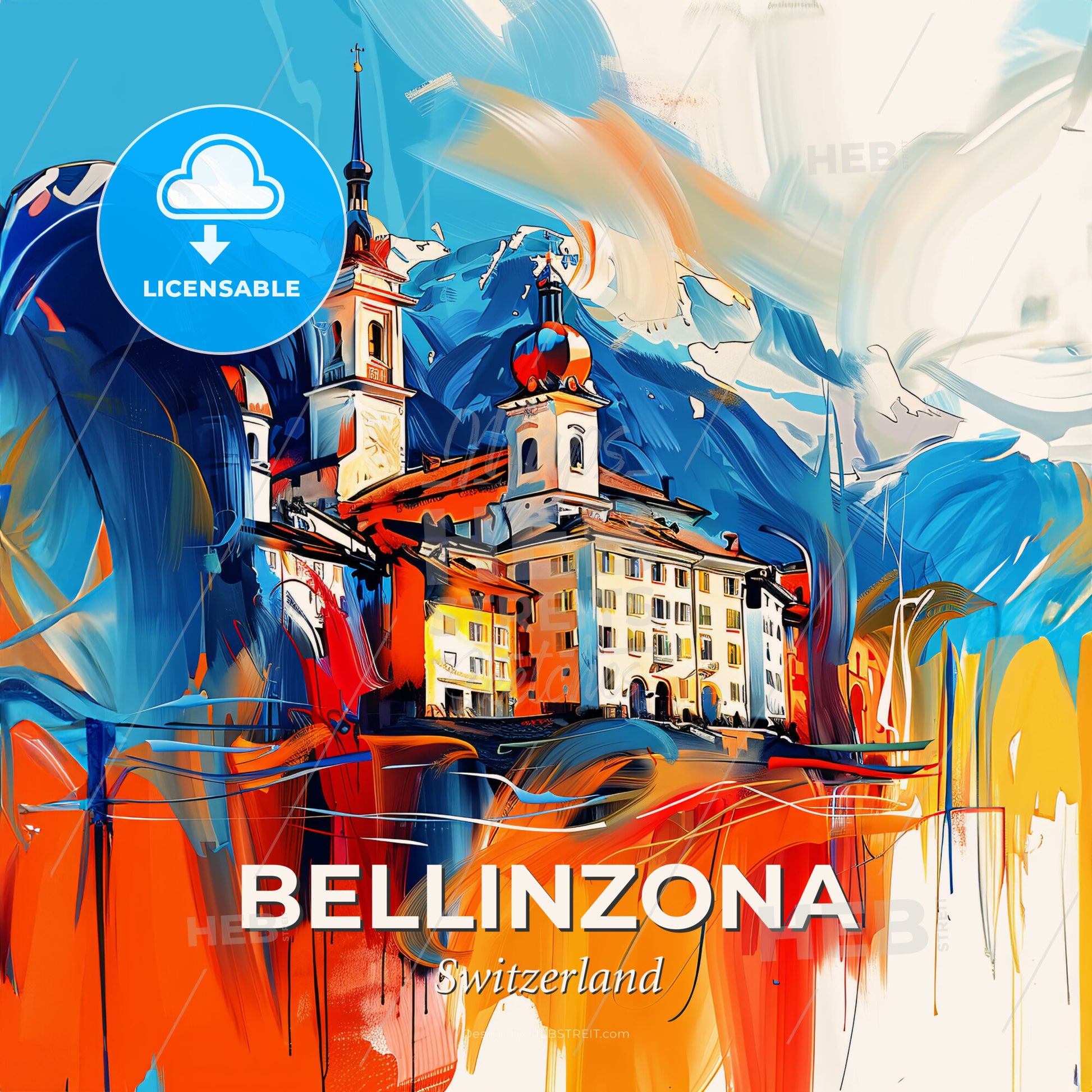 Vibrant Bellinzona, Switzerland - A Painting Of A Building With Towers - Square format print template