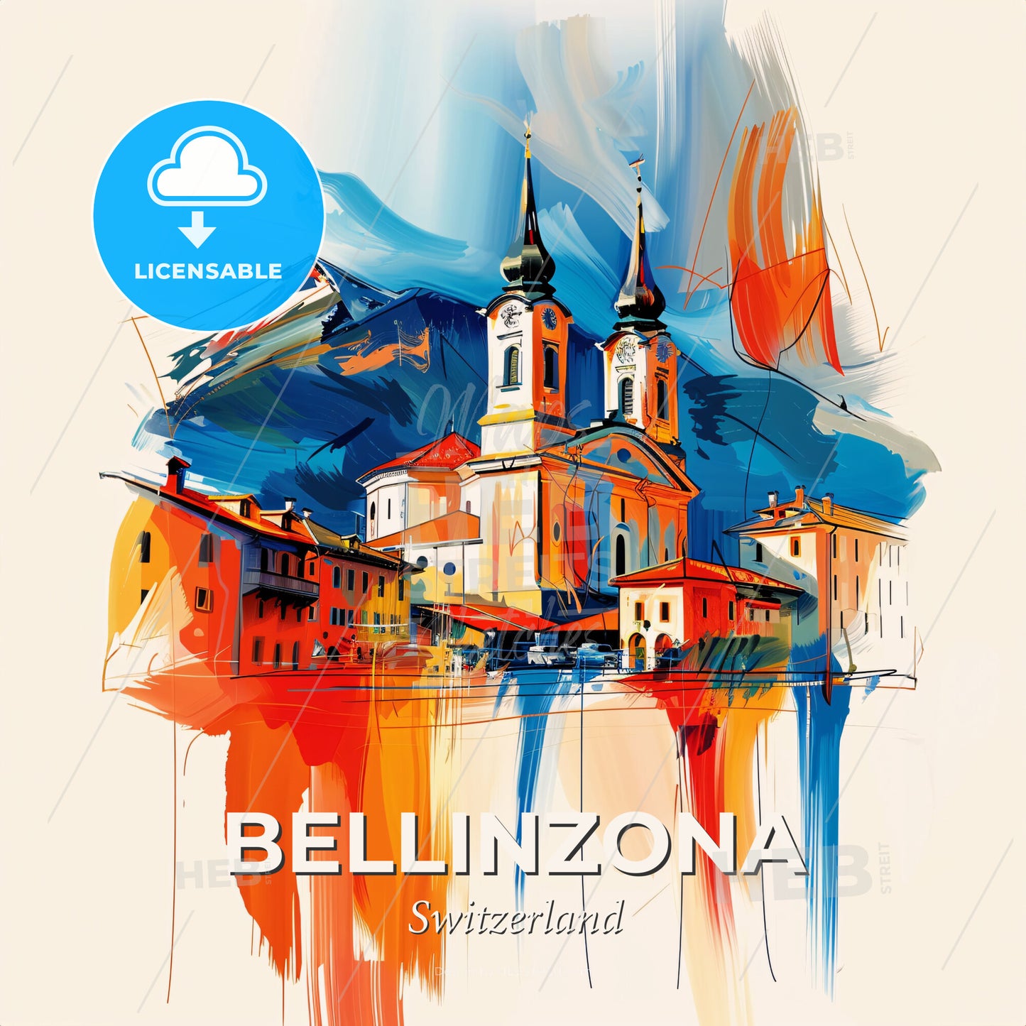 Vibrant Bellinzona, Switzerland - A Painting Of A Building With A Mountain In The Background - Square format print template