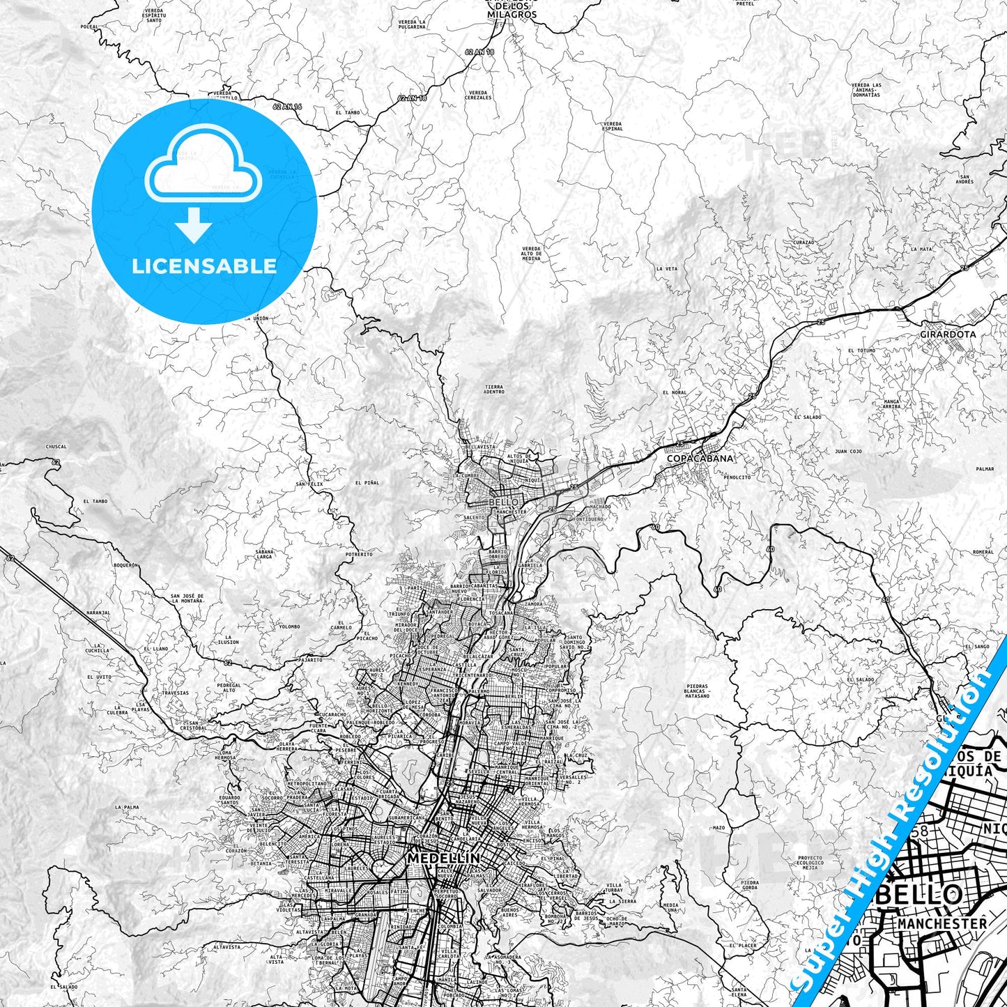 Bello, Colombia light map with streetnames, citynames and districts