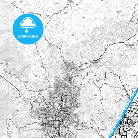Bello, Colombia light map with streetnames, citynames and districts