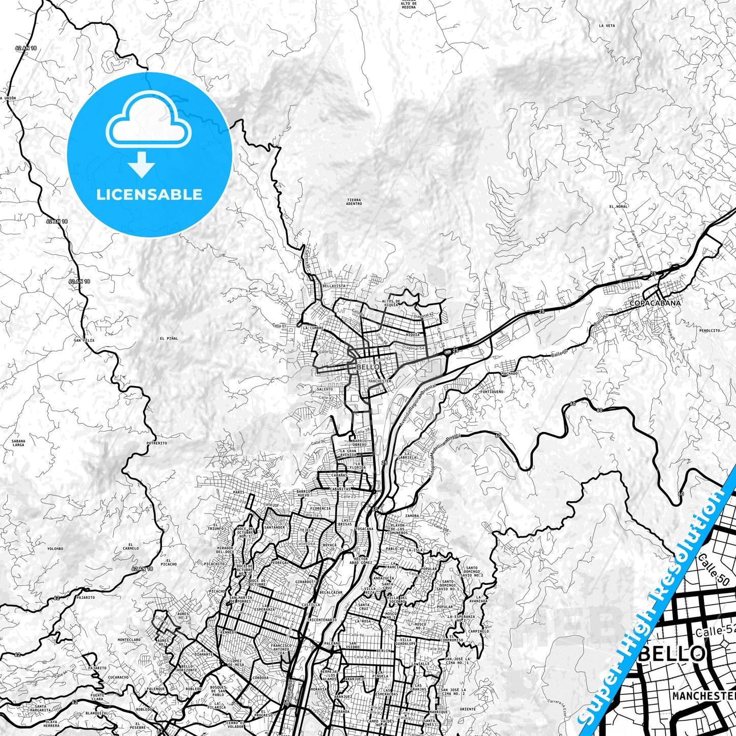 Bello, Colombia Light Map with Street Names, City Names, and Districts