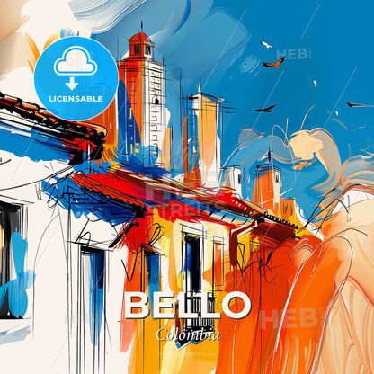 Vibrant Bello, Colombia - A Painting Of Buildings And Birds - Square format print template