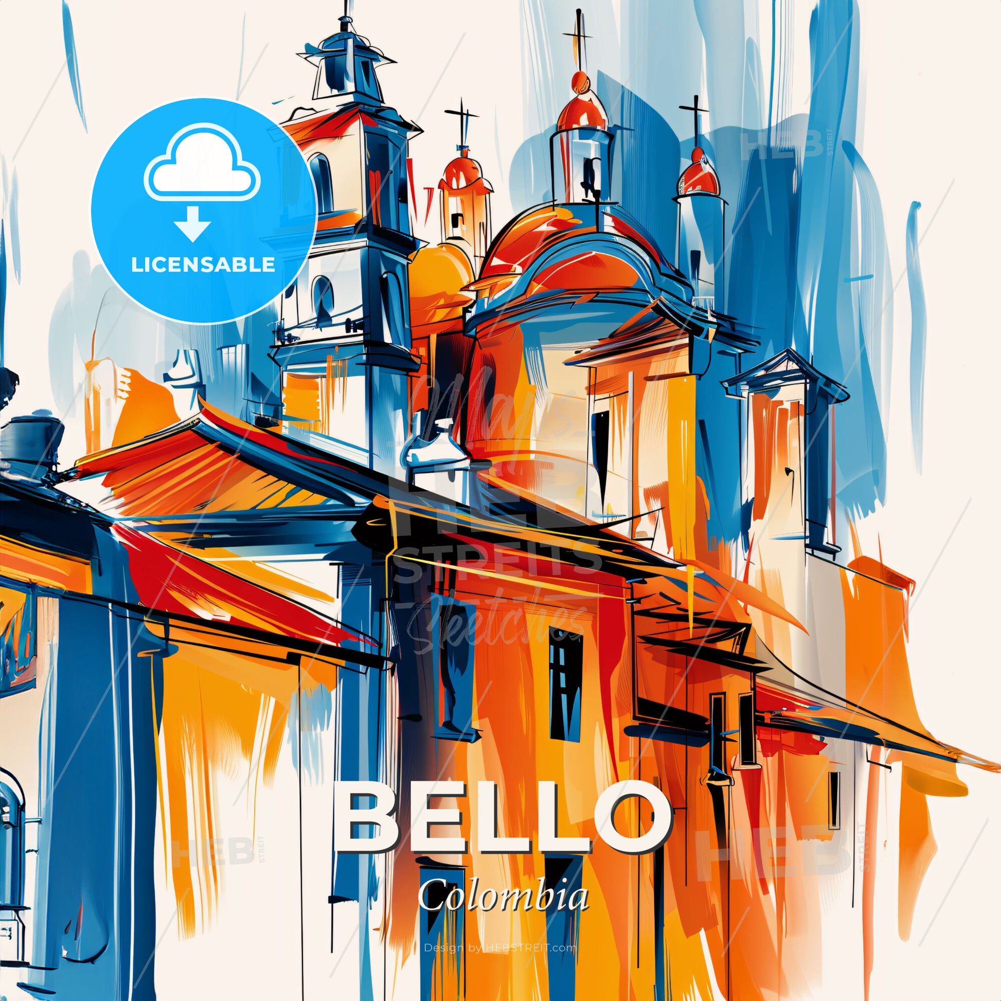 Vibrant Bello, Colombia - A Painting Of A Building With A Tower - Square format print template