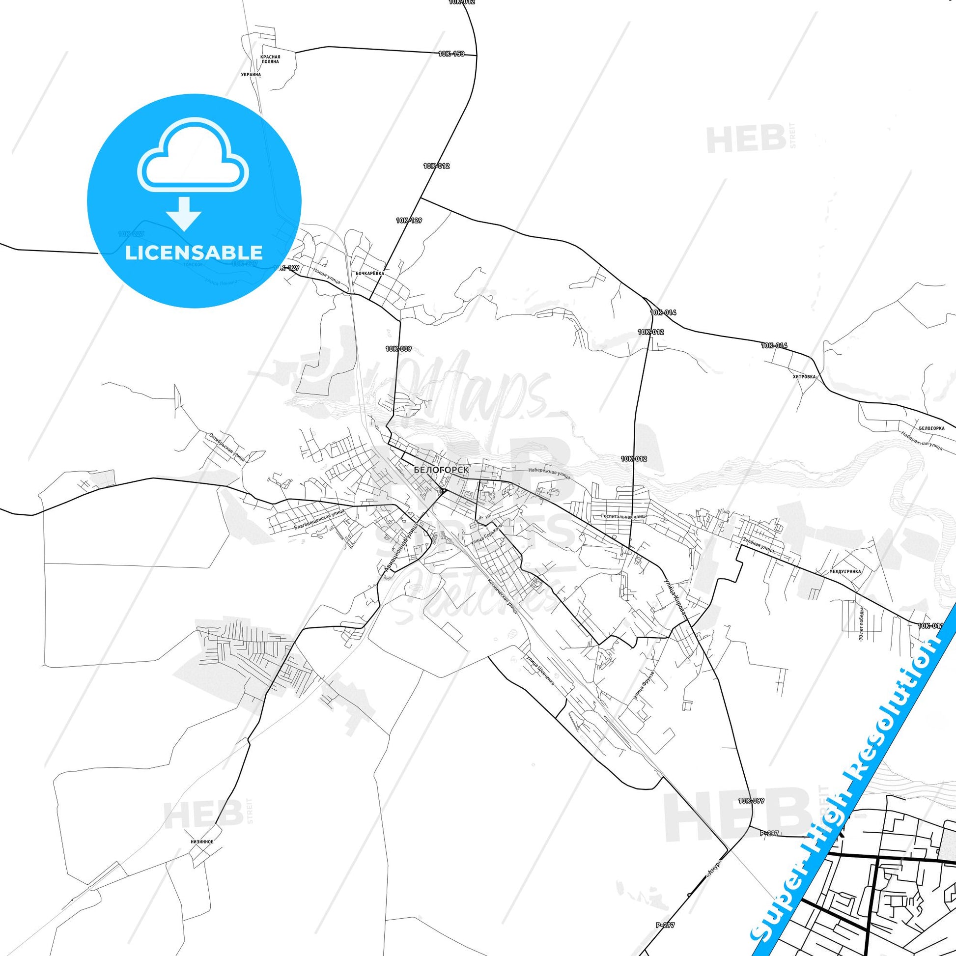 Belogorsk, Russia light map with streetnames, citynames and districts