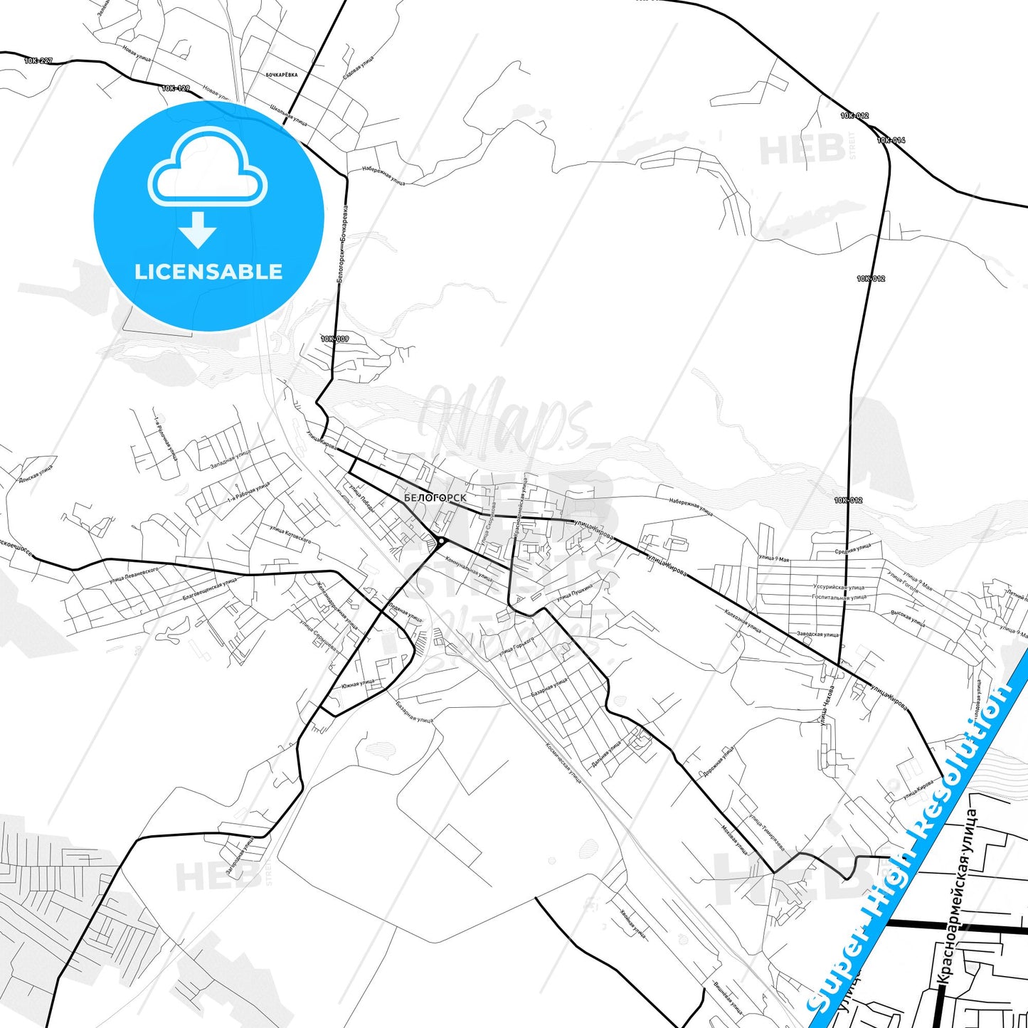 Belogorsk, Russia Light Map with Street Names, City Names, and Districts