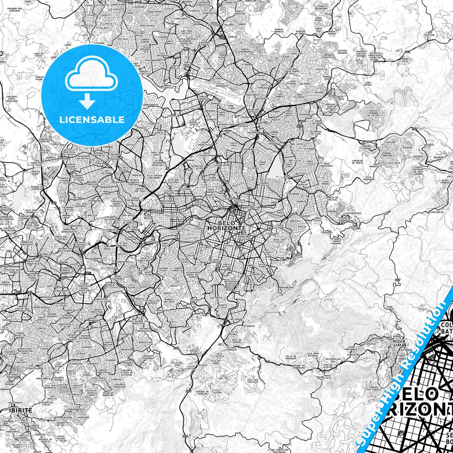 Belo Horizonte, Brazil light map with streetnames, citynames and districts