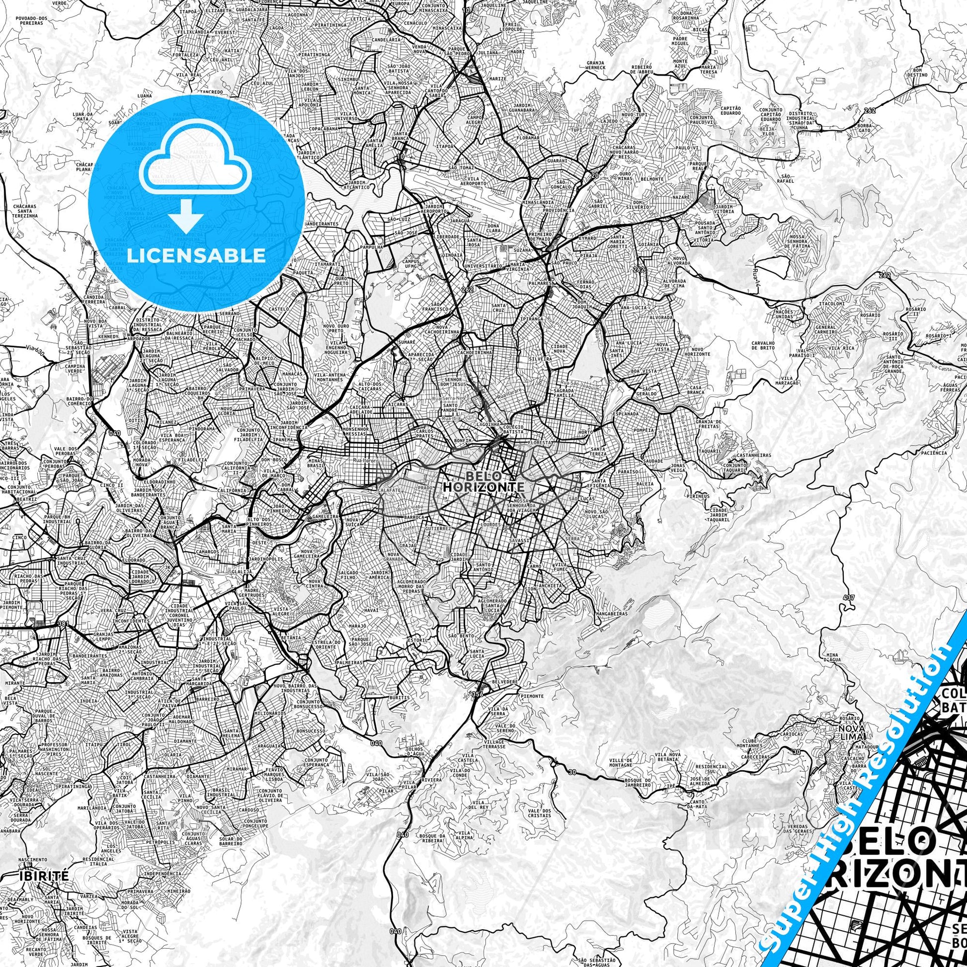 Belo Horizonte, Brazil light map with streetnames, citynames and districts