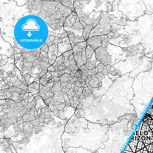 Belo Horizonte, Brazil light map with streetnames, citynames and districts