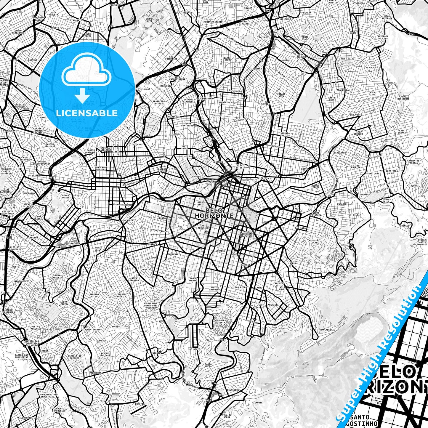 Belo Horizonte, Brazil Light Map with Street Names, City Names, and Districts