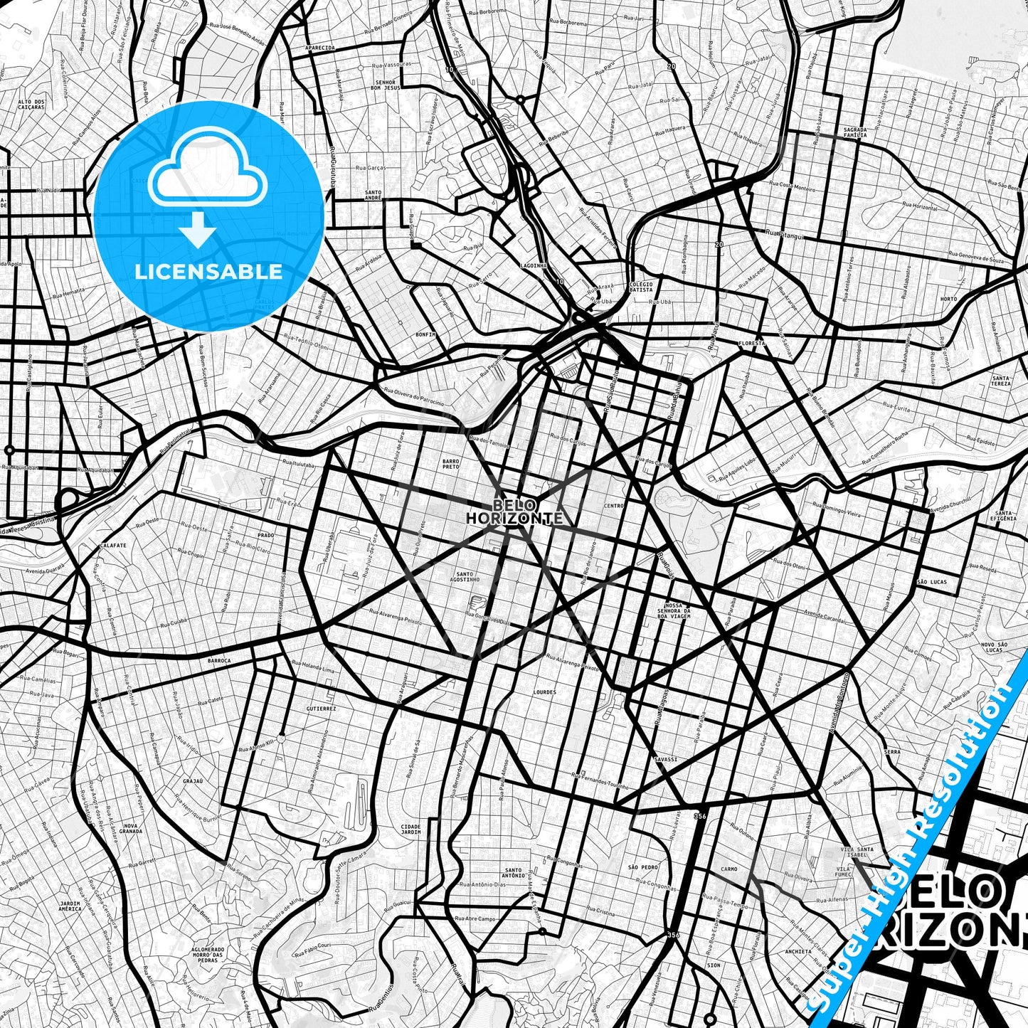 Belo Horizonte, Brazil Light Map with Street Names, City Names, and Districts