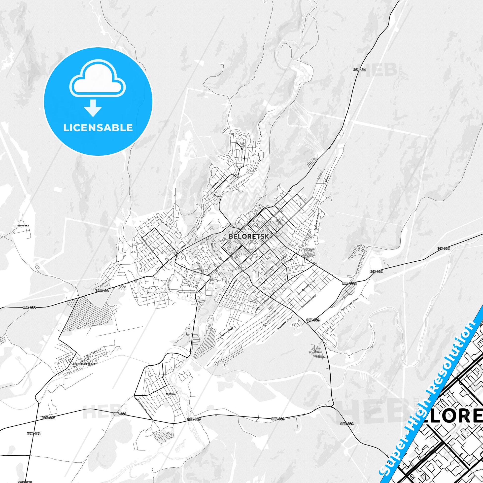 Beloretsk, Russia light map with streetnames, citynames and districts