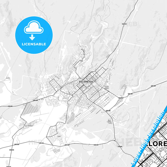Beloretsk, Russia light map with streetnames, citynames and districts