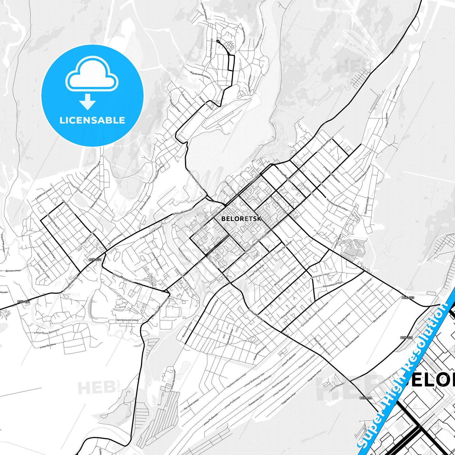 Beloretsk, Russia Light Map with Street Names, City Names, and Districts