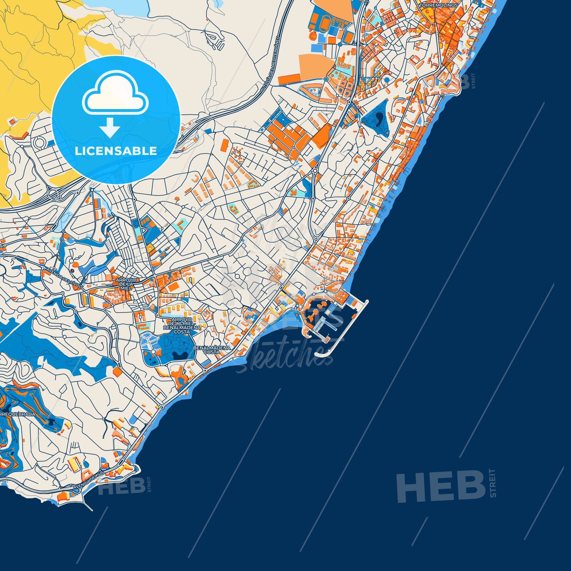 Colorful Benalmádena Street Map with Labels and Buildings