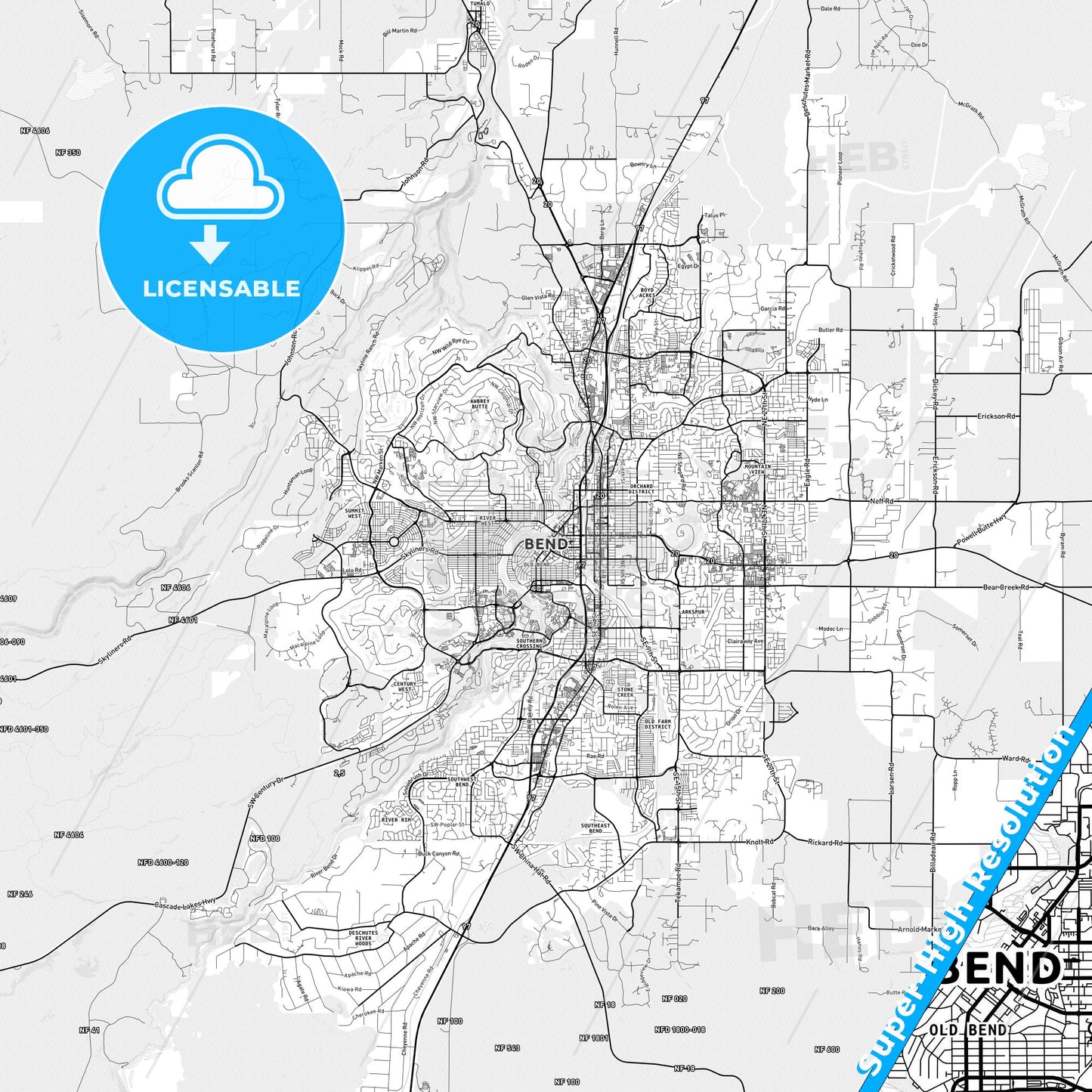 Bend, Oregon light map with streetnames, citynames and districts
