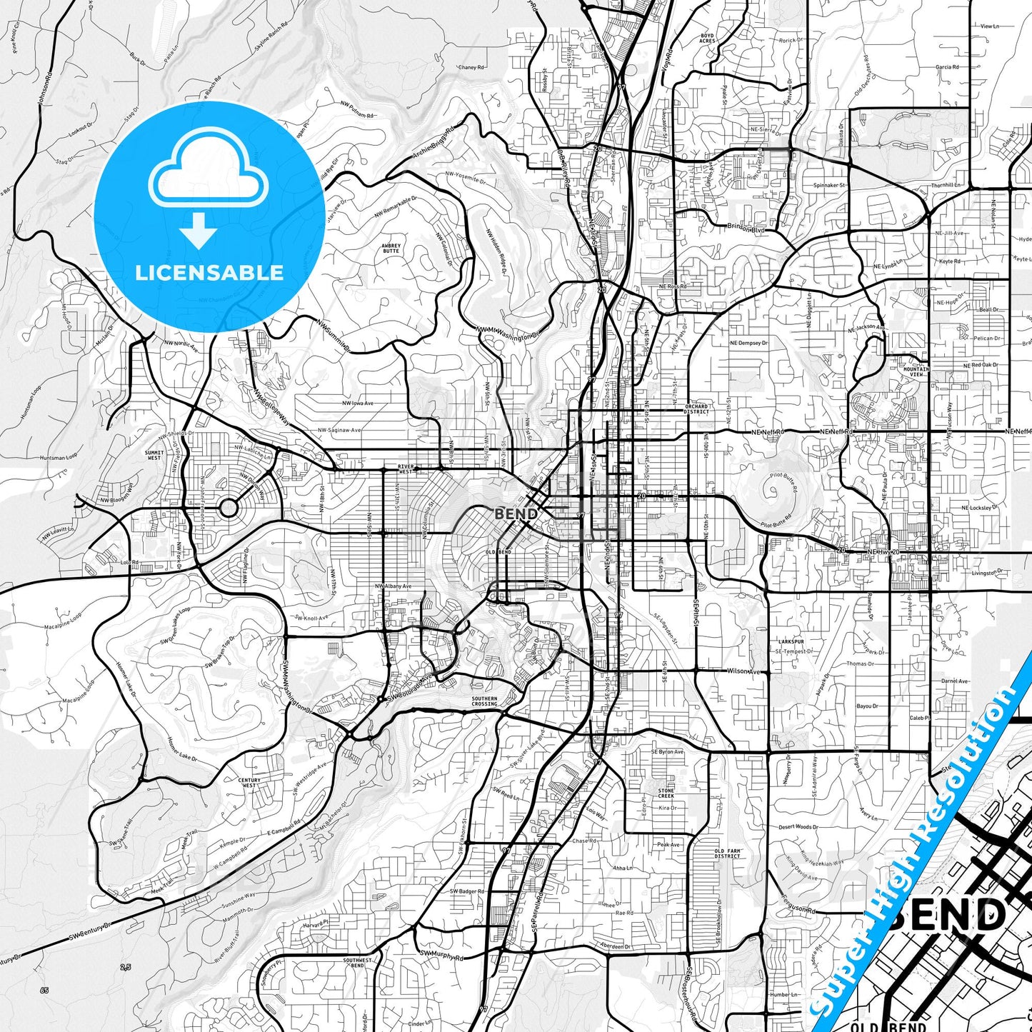 Bend, Oregon Light Map with Street Names, City Names, and Districts
