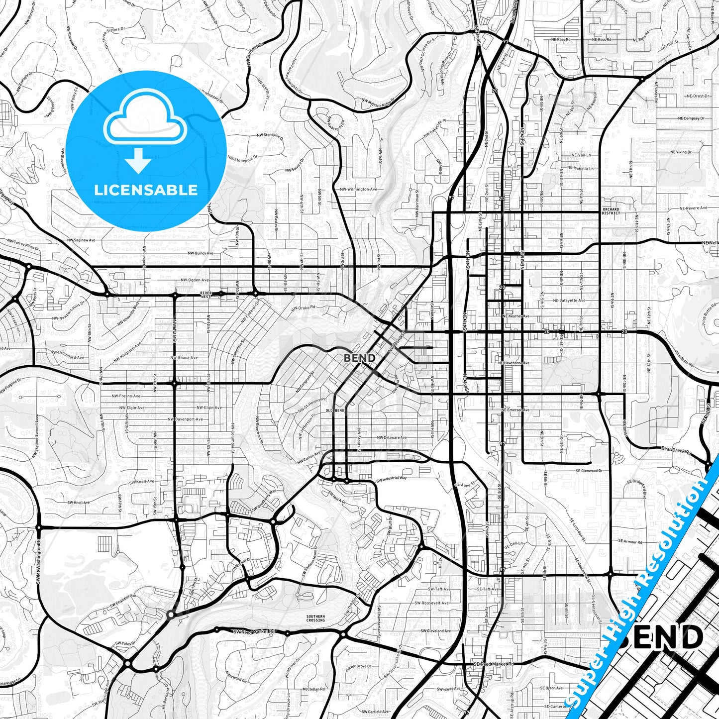 Bend, Oregon Light Map with Street Names, City Names, and Districts