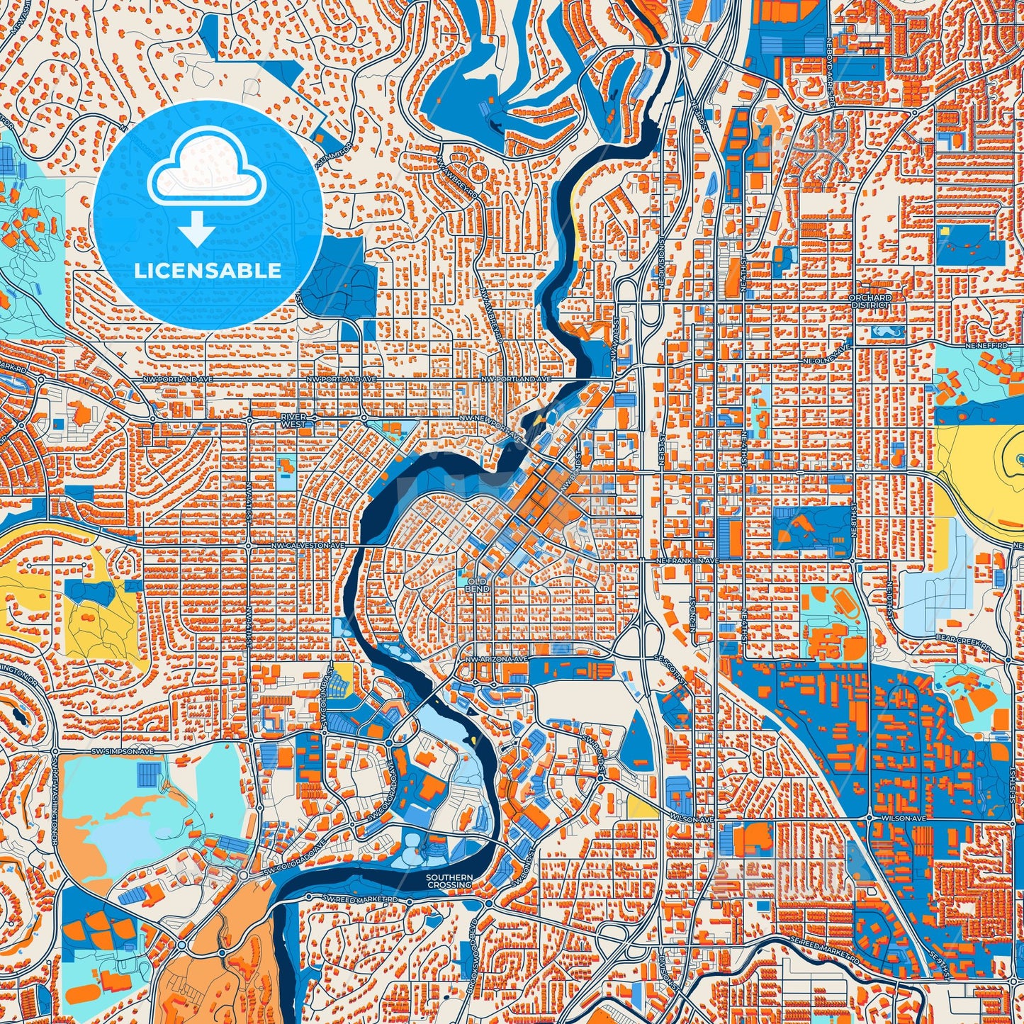Colorful Bend Street Map with Labels and Buildings