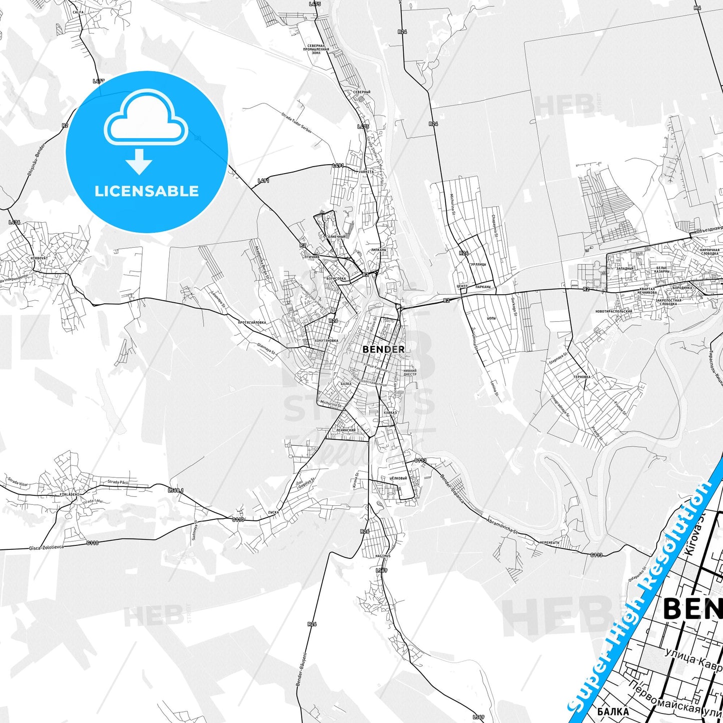 Bender (Tighina), Moldova light map with streetnames, citynames and districts