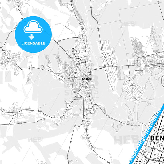 Bender (Tighina), Moldova light map with streetnames, citynames and districts
