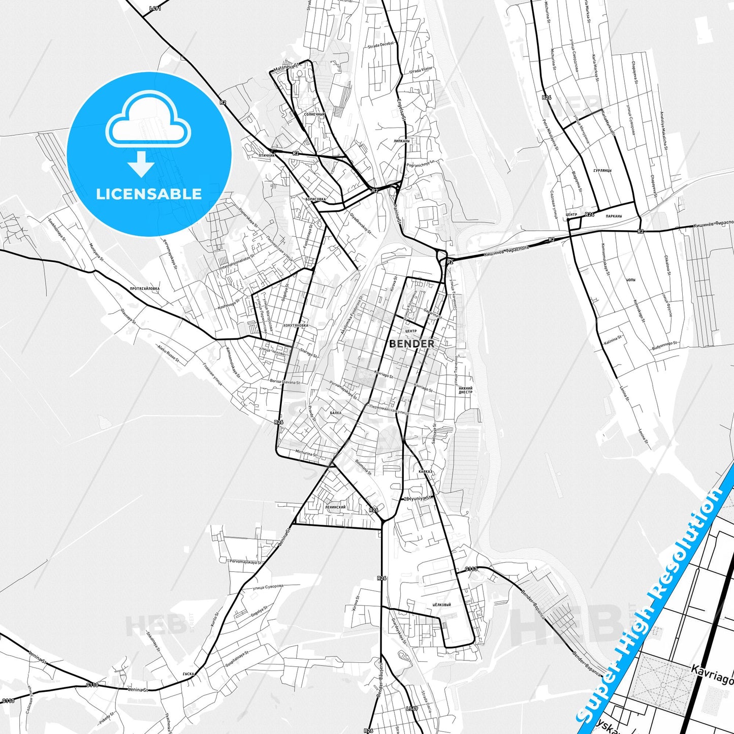 Bender (Tighina), Moldova Light Map with Street Names, City Names, and Districts