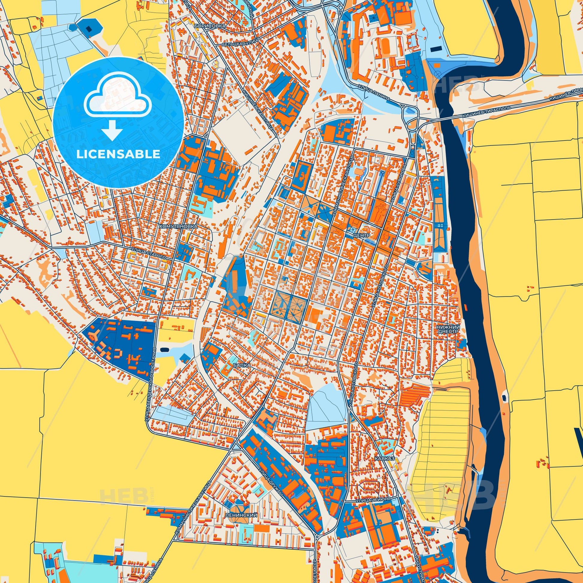 Colorful Bender (Tighina) Street Map with Labels and Buildings