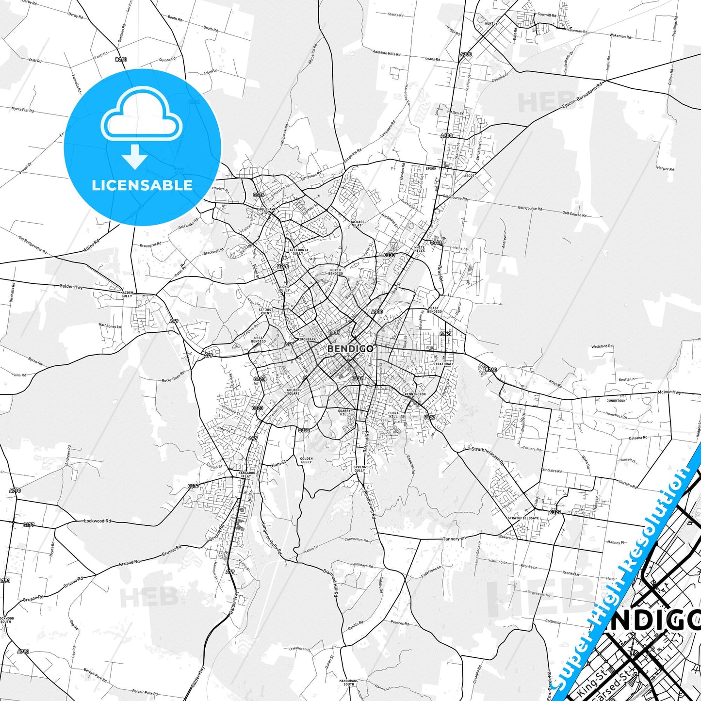 Bendigo, Australia light map with streetnames, citynames and districts