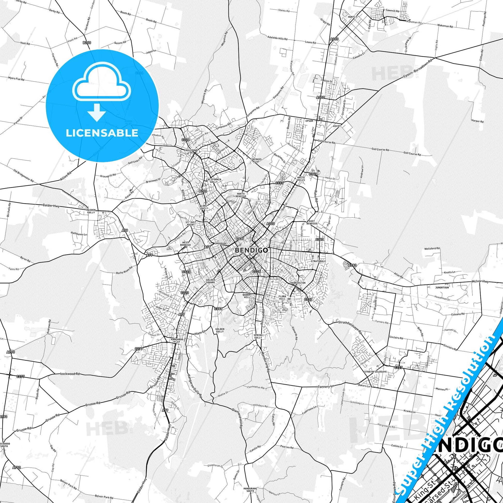 Bendigo, Australia light map with streetnames, citynames and districts