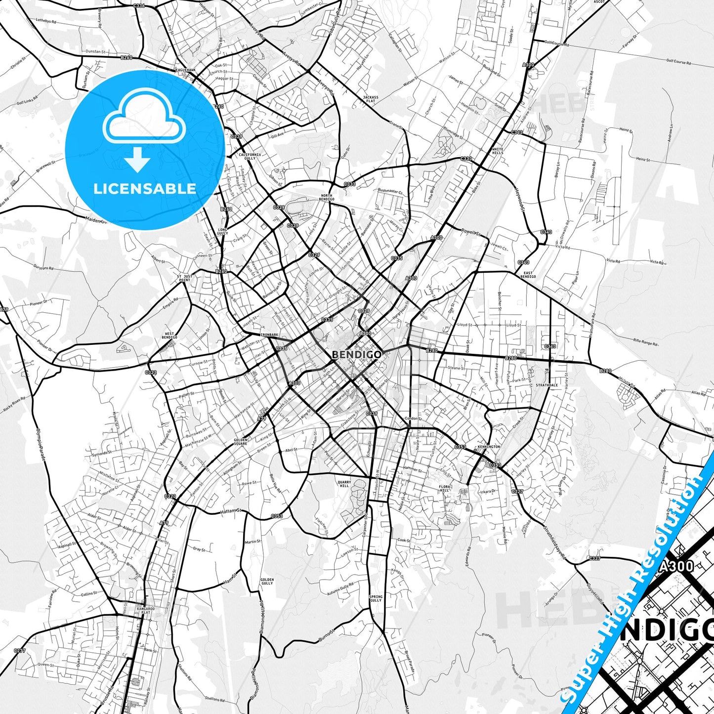 Bendigo, Australia Light Map with Street Names, City Names, and Districts