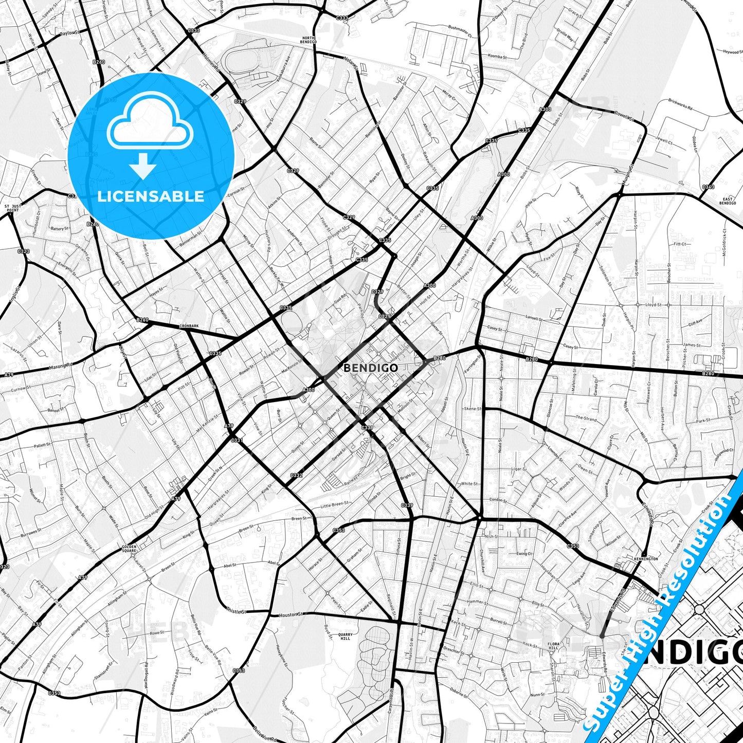 Bendigo, Australia Light Map with Street Names, City Names, and Districts