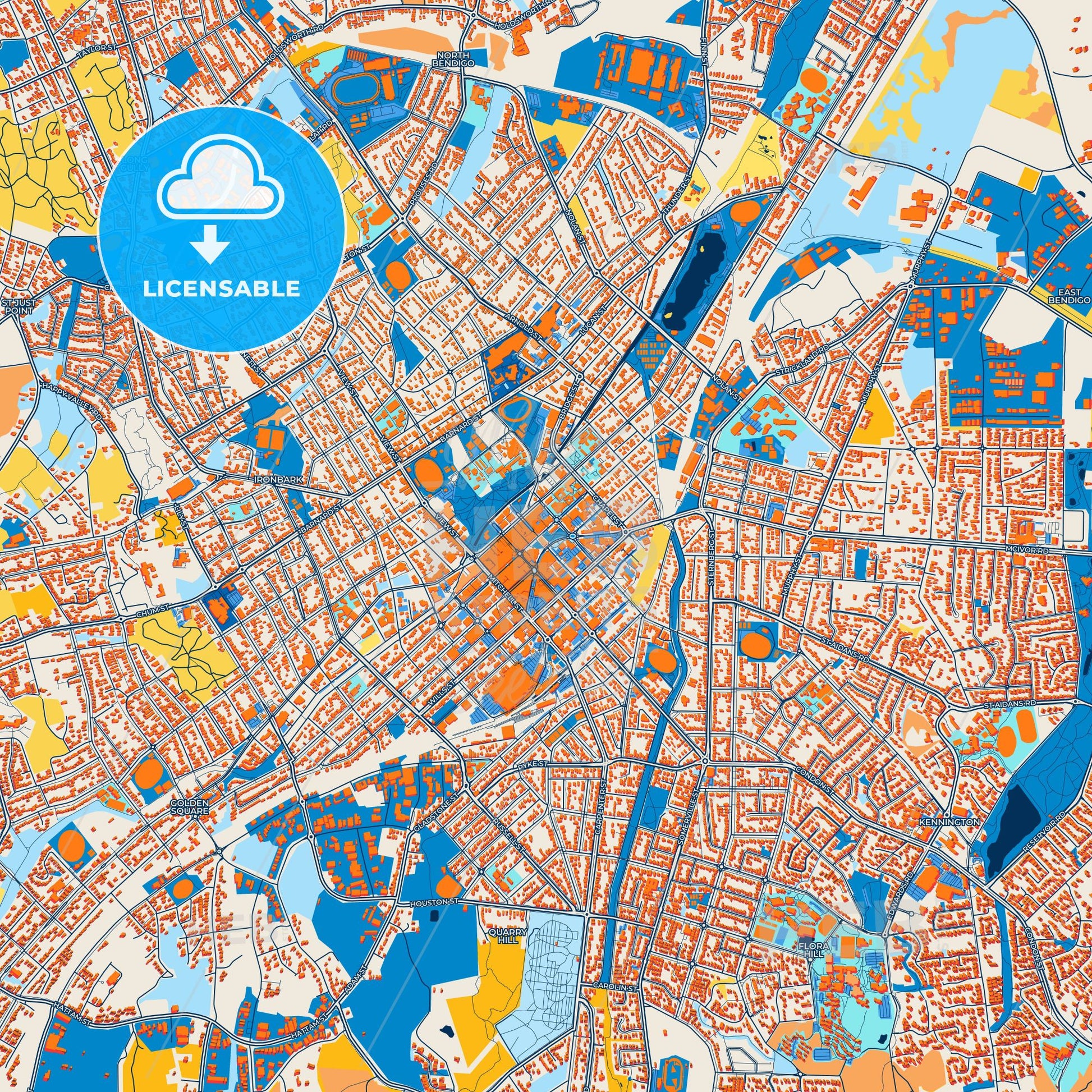 Colorful Bendigo Street Map with Labels and Buildings