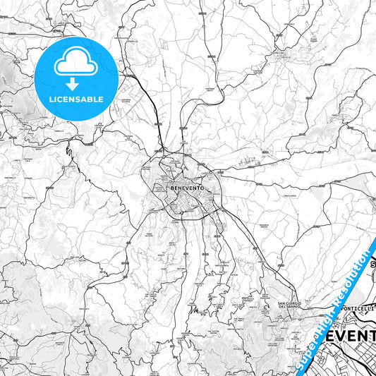Benevento, Italy light map with streetnames, citynames and districts