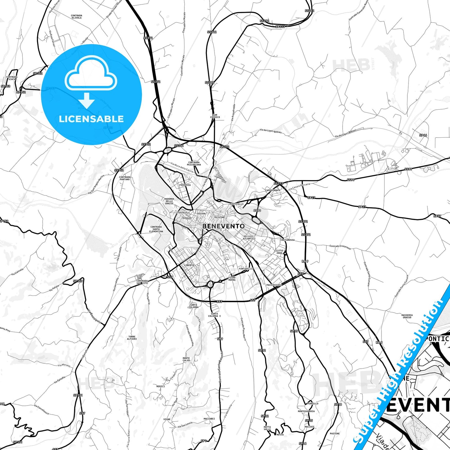 Benevento, Italy Light Map with Street Names, City Names, and Districts